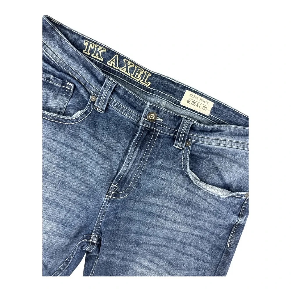 TK Axel Men's Slim Boot Cut Jeans 36x28 Medium Wash Embroidered Pockets Denim